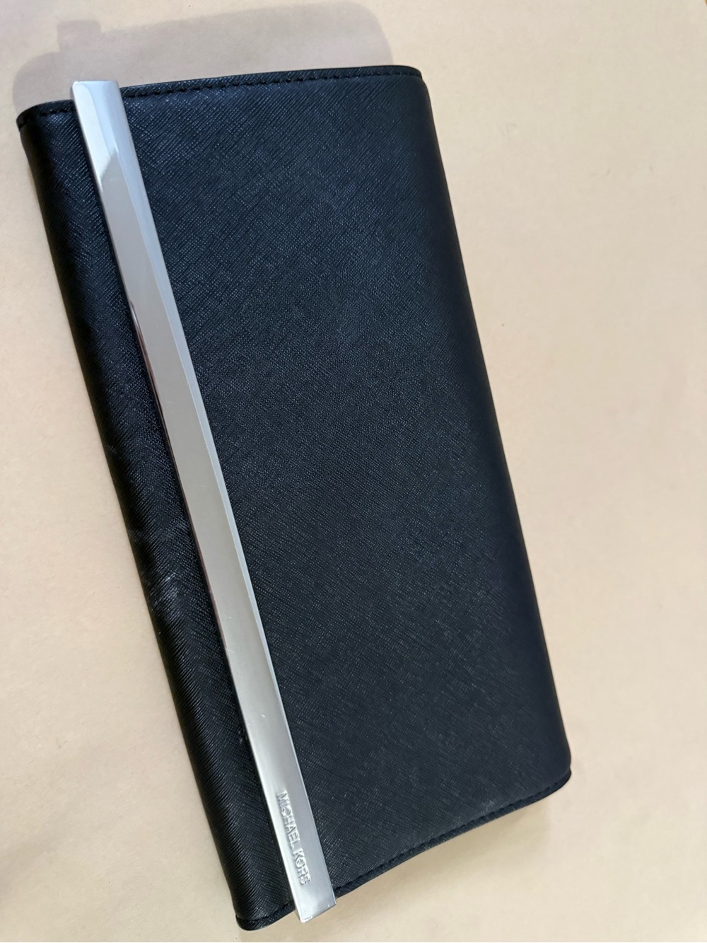 Michael Kors Black Saffiano Leather Continental Clutch with Silver Accent